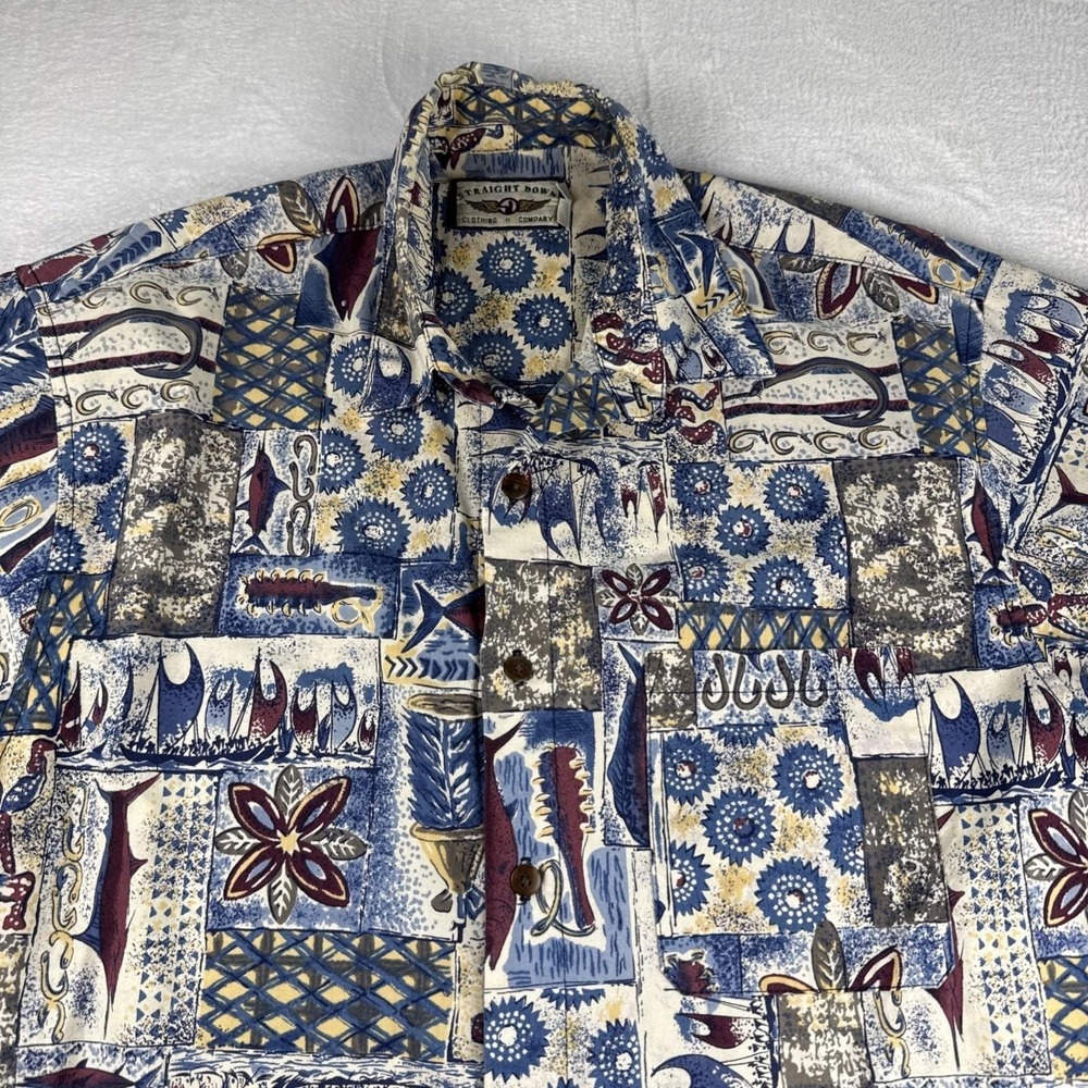 Vintage Straight Down Hawaiian Shirt Mens Medium Blue Button Up USA Made Fish **